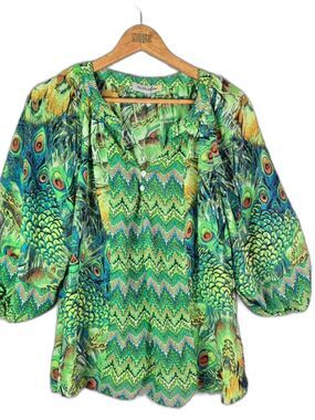 Figueroa and Flower Blouse Green XL Peacock Print Boho Bishop Sleeve Tunic